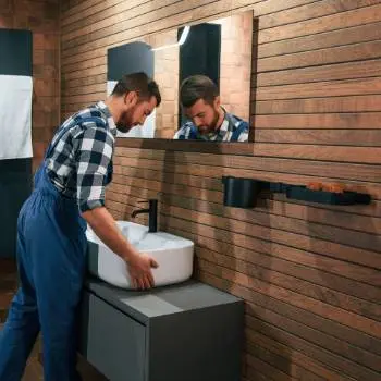 plumber installing sink in commercial bathroom