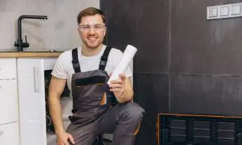 plumber smiling with water filter